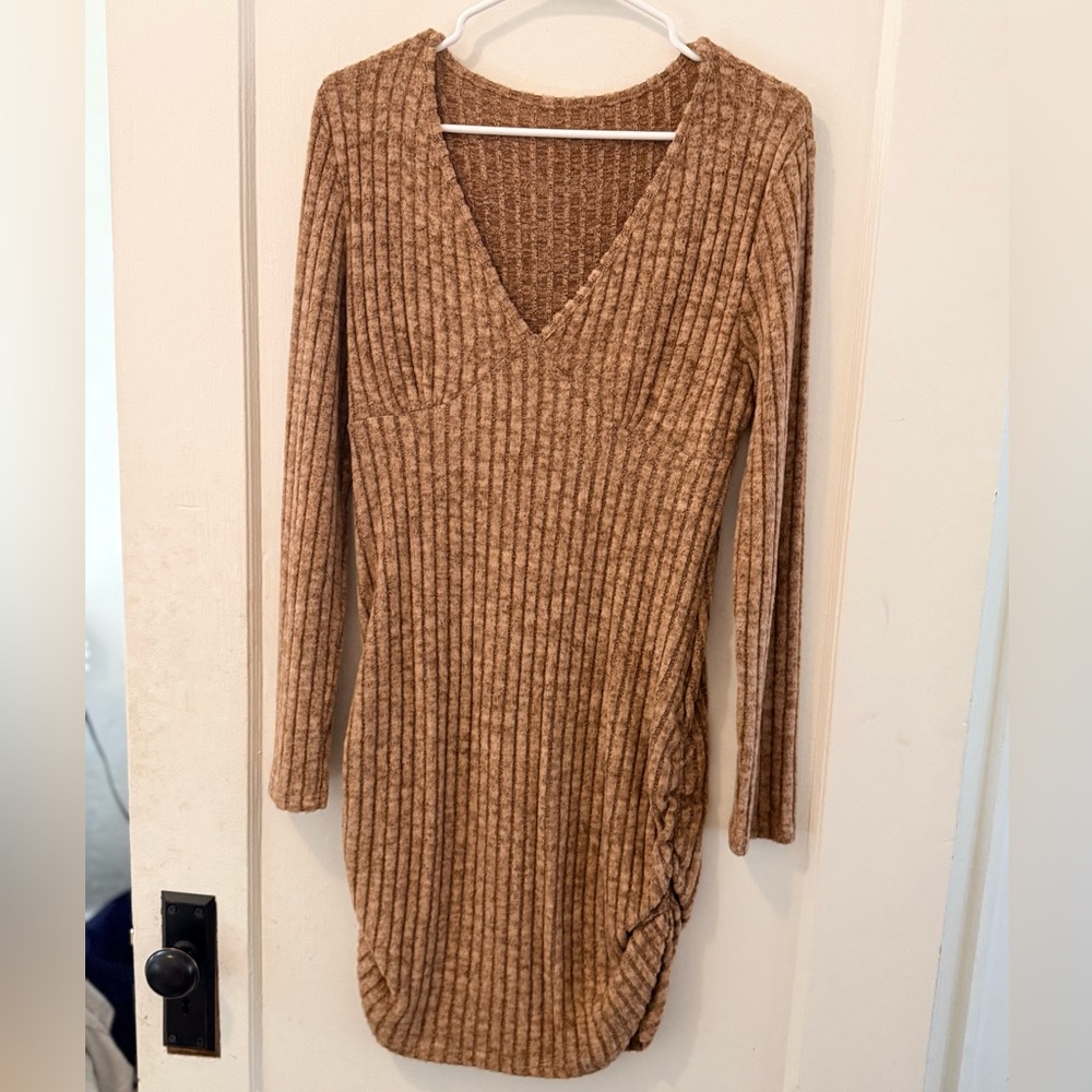 Elegant Tan Ribbed Knit Dress